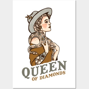 Queen Of Diamonds: Retro Tattoo Cowgirl With A Diamondback Rattlesnake Posters and Art